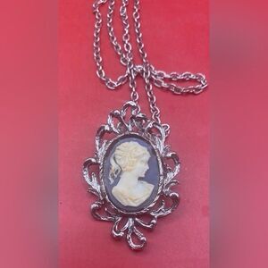 Women’s Necklace Brooch Blue Cameo Silver Tone Victorian Filigree 23”